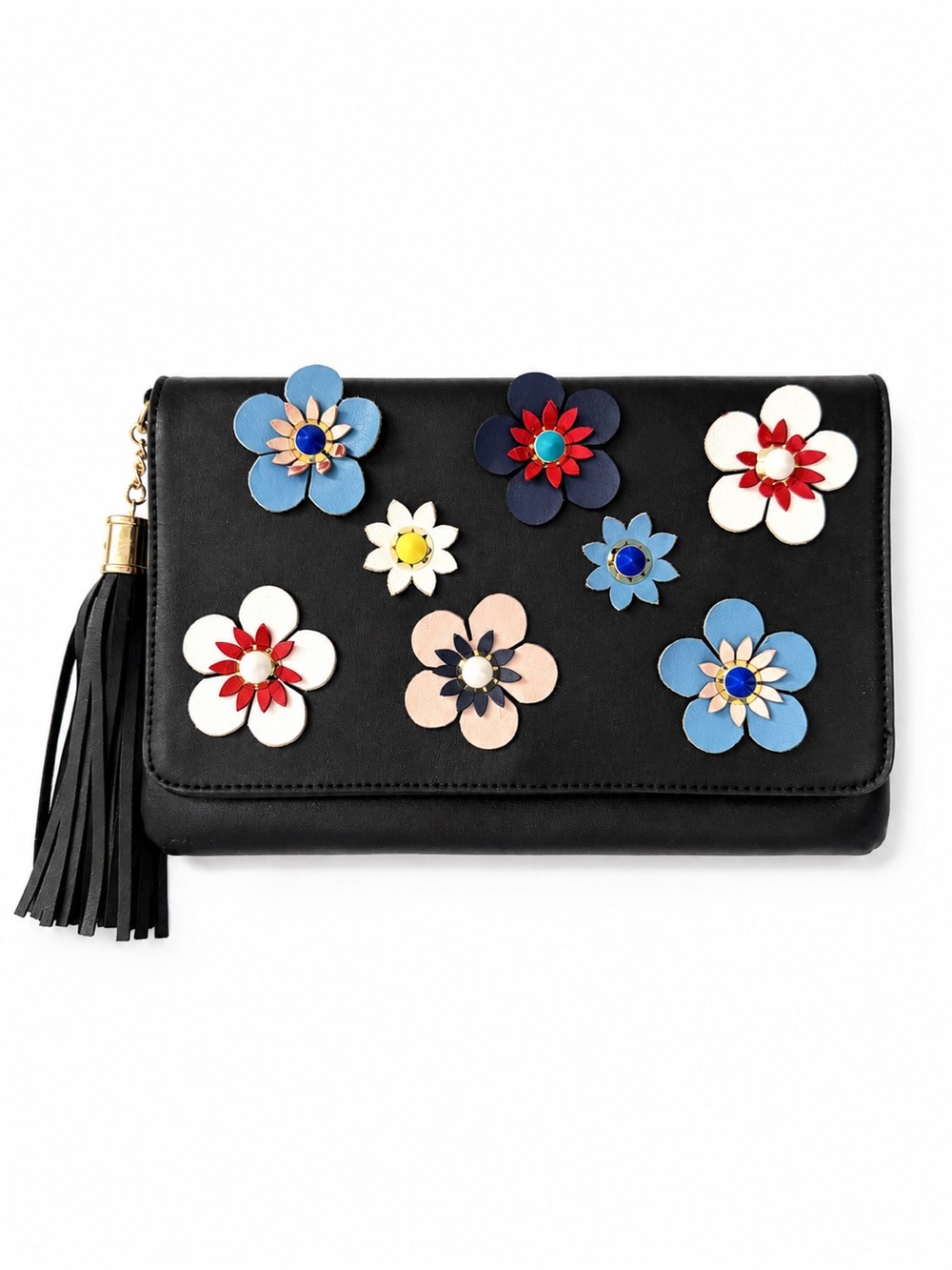 Black Floral Appliqué Tassel Clutch